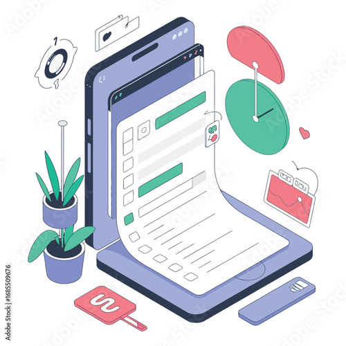 Isometric task management app with to-do list and progress bar