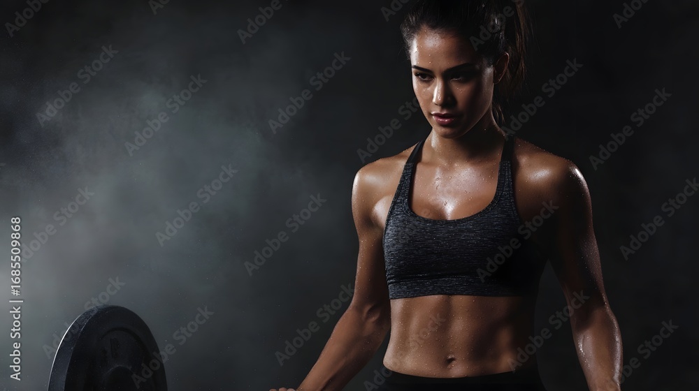 Obraz premium Determined athletic woman with muscular physique focused on intense weightlifting exercise in a dark smoky gym environment
