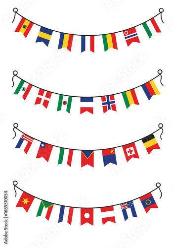 Collection of national flags on celebration bunting for international events and gatherings