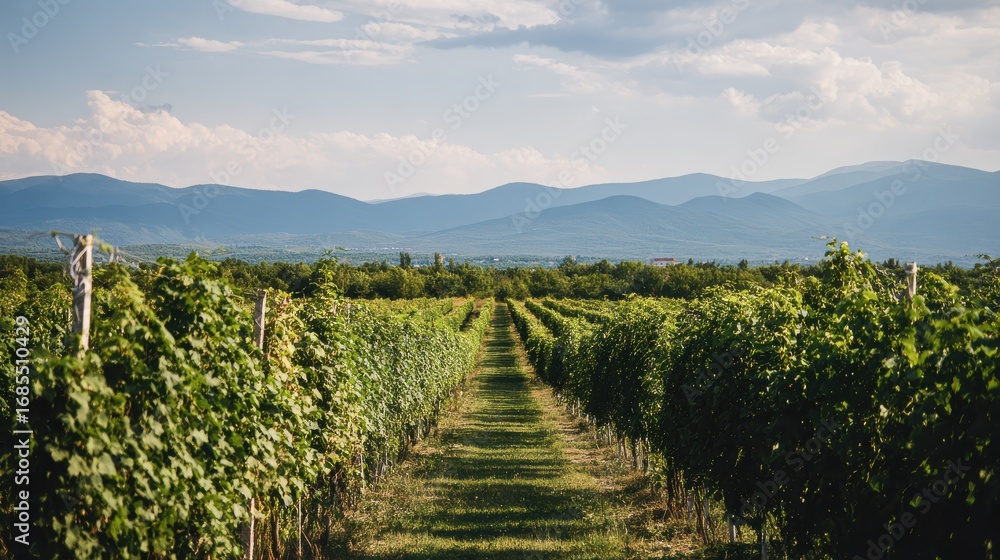 Obraz premium Vineyard scene with neat rows of vines bathed in sunlight, perfect for wine promotions, travel brochures, or peaceful countryside graphics.