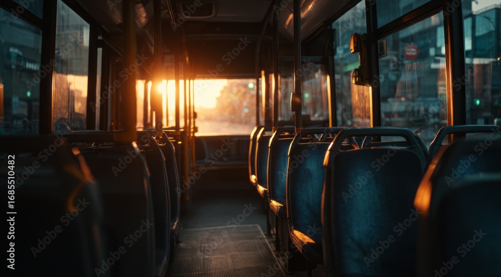 Fototapeta premium Empty City Bus Interior at Sunset with Warm Light and Urban View