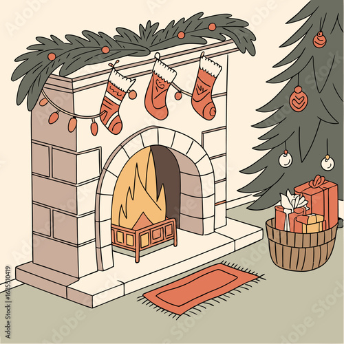 Cozy Christmas Eve scene with fireplace, stockings, Christmas tree and gifts illustration