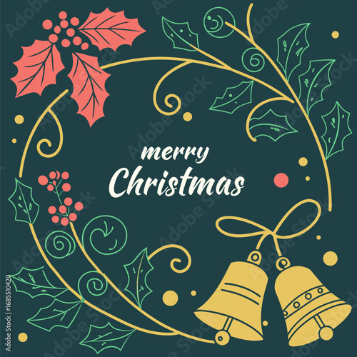 Festive Merry Christmas greeting card with holly leaves and golden jingle bells decoration