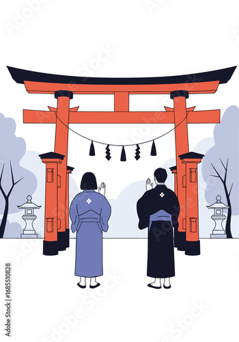 Two people in traditional japanese clothing stand before a vibrant red torii gate in a winter landscape