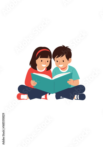 Two happy young children sitting together reading an open book enjoying a story together