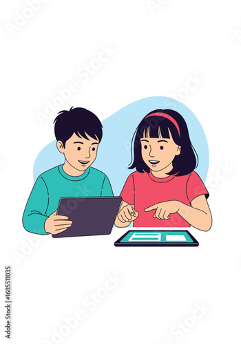 Two young children interacting together with a digital tablet screen using modern technology for educational purposes