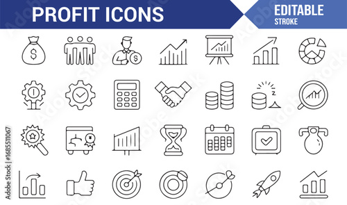 Editable profit icon pack with charts, rocket, calculator, trophy, and financial achievement graphics