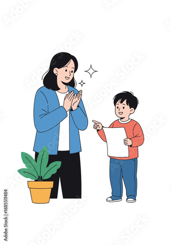 Appreciative teacher praising young student showing their work during school lesson
