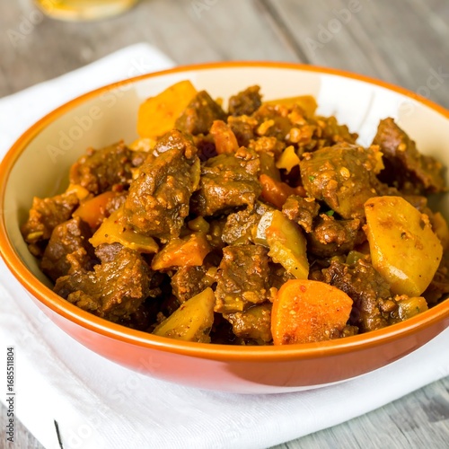 Hearty stew in an orange bowl on a wooden table