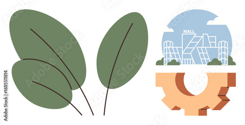 Green leaves next to modern shopping mall on gear cog. Ideal for sustainability, eco-urban design, technology, innovation, nature integration, commerce, environmental protection. Simple flat metaphor