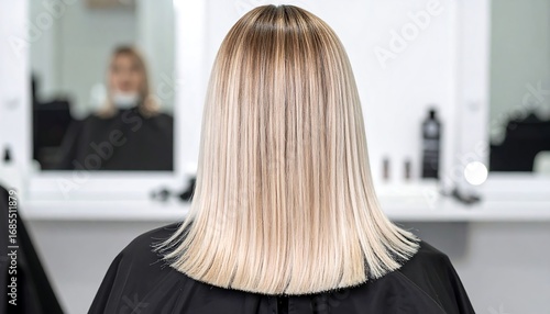 Close-up back shot of a woman's meticulously styled and perfectly conditioned blonde hair in a bright, professional salon environment, highlighting the results of expert hair coloring and care