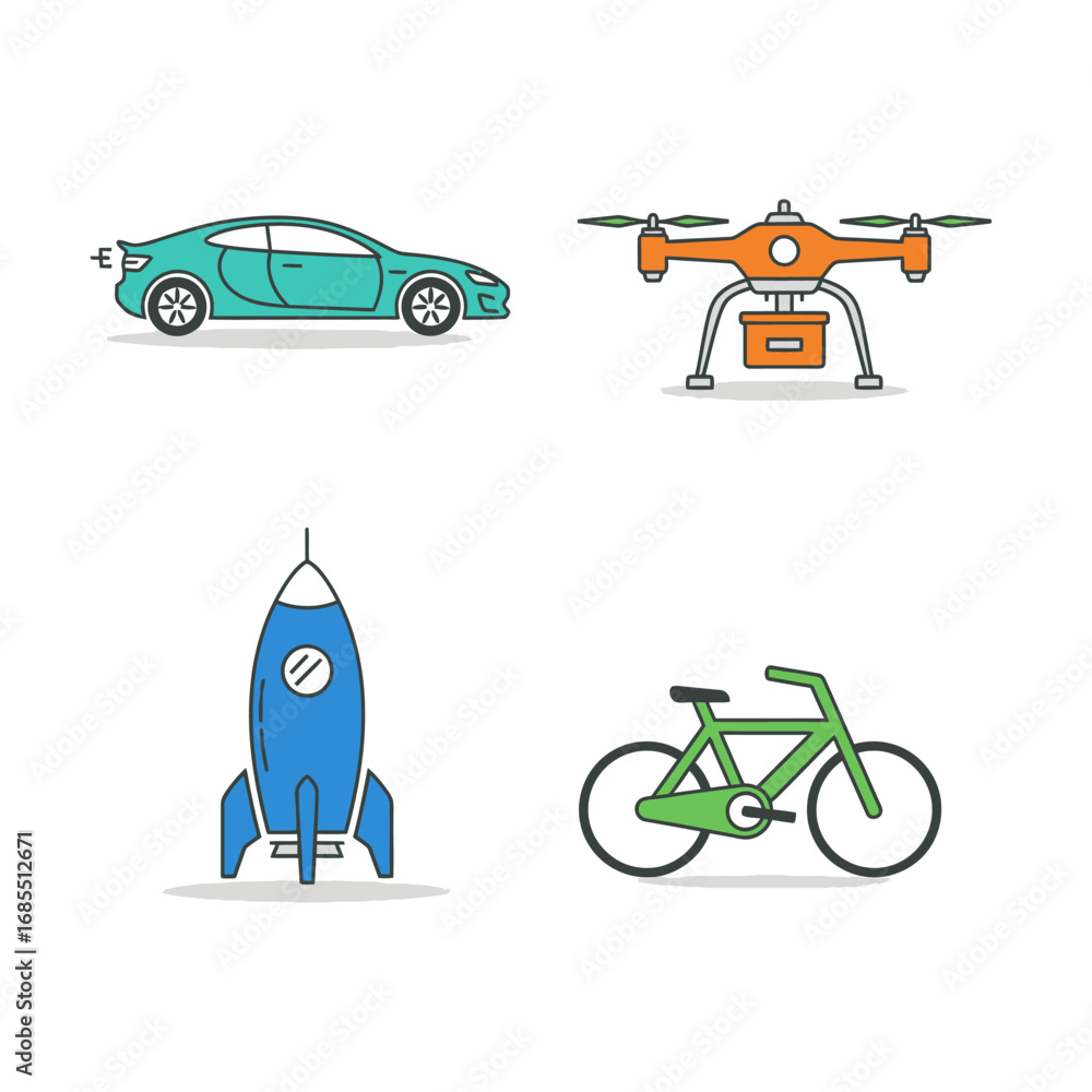 Naklejka premium Modern transportation and technology icons: car, drone, rocket, bicycle.