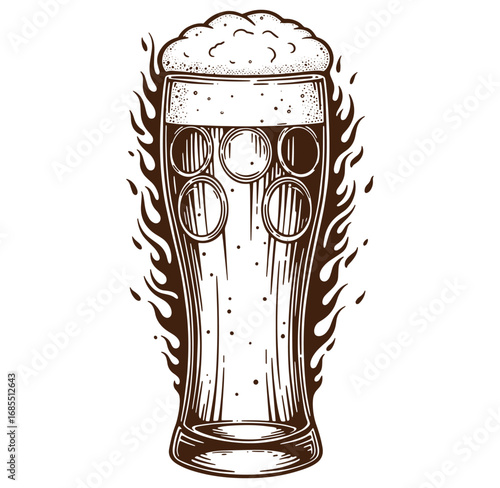Intricate illustration of a pint of beer with flames and vintage aesthetic