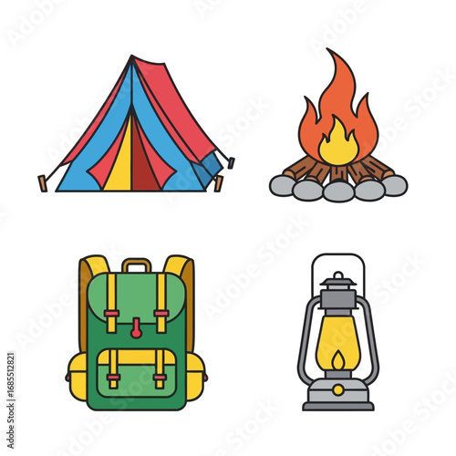 Colorful camping icons: tent, campfire, backpack, lantern.