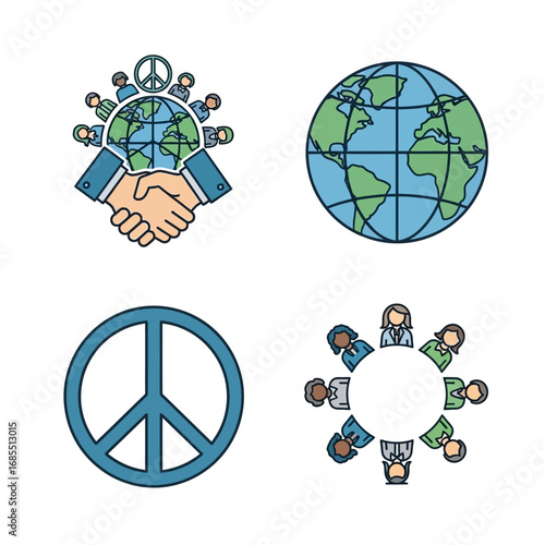 Global cooperation, peace, and unity symbolized through handshakes, a peace symbol, and diverse people collaborating around the world.