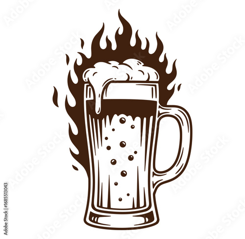 Vintage style illustration of a beer mug with fire elements in retro monochromatic design