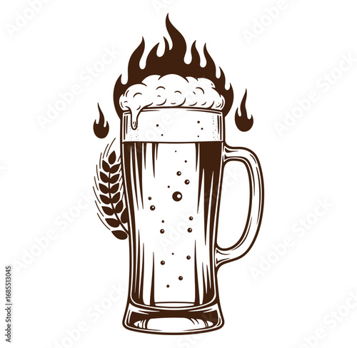 Vintage illustration of a beer mug with flames and barley for brewery advertising