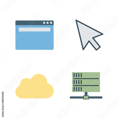 Simple web browser icons:  browser window, cursor, cloud, server.