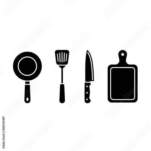 Simple black silhouettes of kitchen utensils: frying pan, spatula, chef's knife, and cutting board.