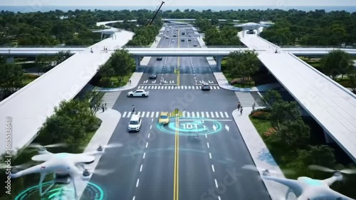 A drone flies above a highway with cars driving on it, surrounded by green trees and concrete structures on a bright day.