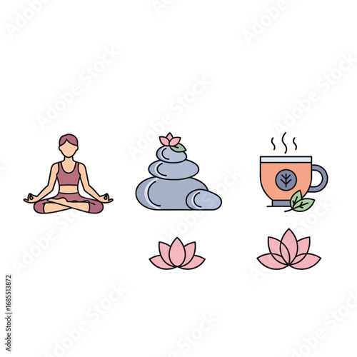 Serene wellness icons: yoga, stones, tea, lotus flowers.