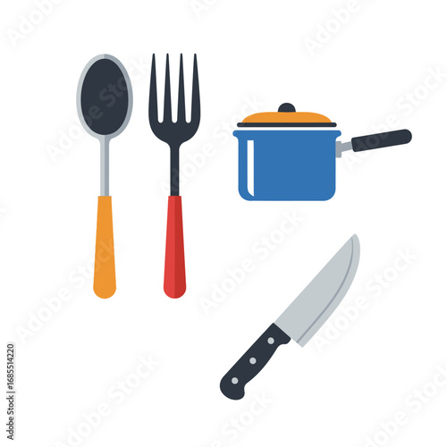 Simple kitchen utensils: spoon, fork, pot, knife.