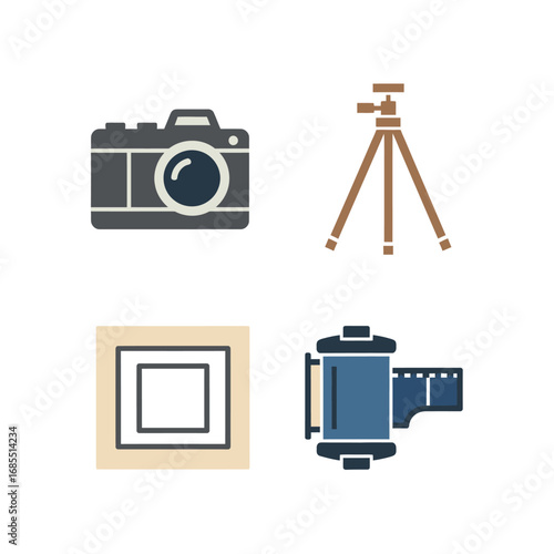 Camera, tripod, film, and photo print icons; photography equipment symbols.