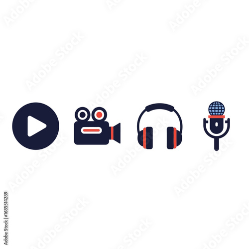 Multimedia production icons: play button, vintage camera, headphones, microphone.