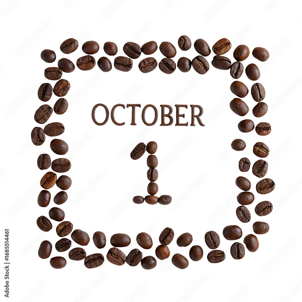 Obraz premium Calendar date of october 1st made from coffee beans isolated on transparent background a unique way to mark international coffee day or a coffeerelated event