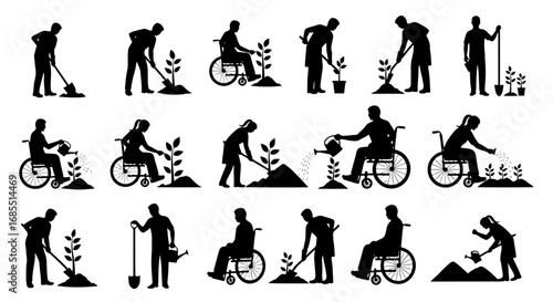 Vector art of diverse gardeners planting and watering plants, showcasing inclusivity and accessibility in gardening