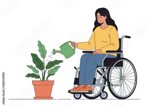Vector art of woman in wheelchair gardening and watering plant in pot