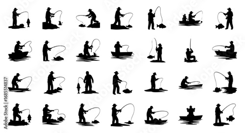 Vector art of set of fisherman silhouettes in different actions, ideal for fishing and outdoor activity related designs