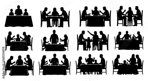 Vector art of silhouette of people having dinner at table in restaurant, family meal celebration