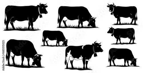 Vector art of collection of cow silhouette vector illustrations