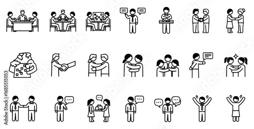 Vector art of collection of business and interpersonal relationship icons showcasing collaboration, communication, and success in a simple design