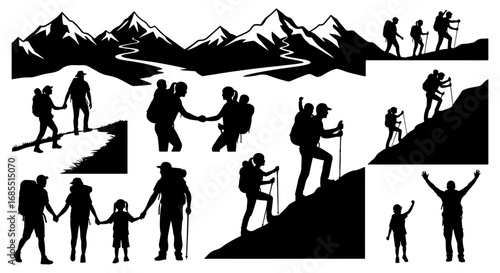 Vector art of silhouette of a family hiking in the mountains, enjoying outdoor activities vector illustration