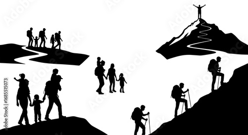 Vector art of silhouette of a family hiking in the mountains, enjoying outdoor activities and reaching the summit