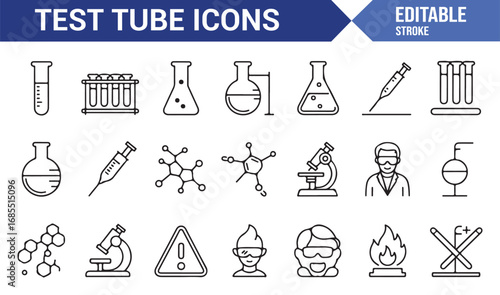 Stroke style laboratory test tube icons pack with research, analysis, molecules, and science equipment