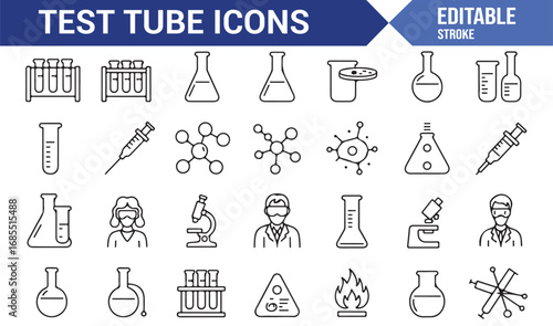 Editable stroke test tube icons collection with laboratory glassware, microscope, molecules, and hazard symbols