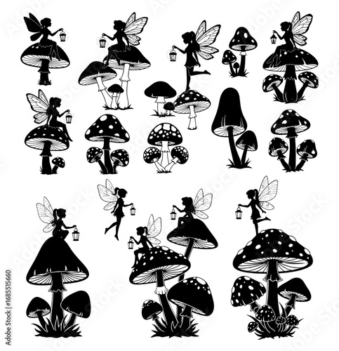 Vector art of collection of fairy silhouettes sitting on mushrooms for magical designs