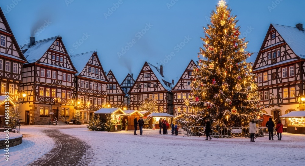 Naklejka premium Winter Town Square Festive Christmas Tree and Market Stalls
