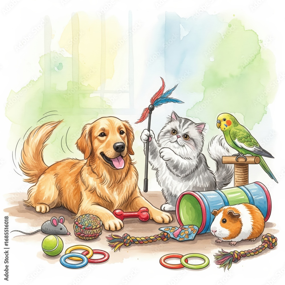 Fototapeta premium Pets enjoying playtime together in a cozy indoor setting filled with colorful toys
