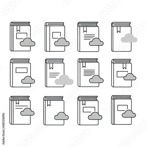 Digital Library Iconography: An array of illustrated book icons, each representing a digital library element.