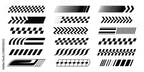 Racing Car Stripes and Vehicle Decal Vector Set – Includes Angled Checkered Patterns, Finish Line Flags, Motocross Labels, Speed Lines, and Motorsport Graphics for Car Tuning