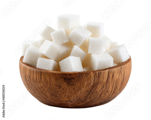A wooden bowl brimming with white sugar cubes