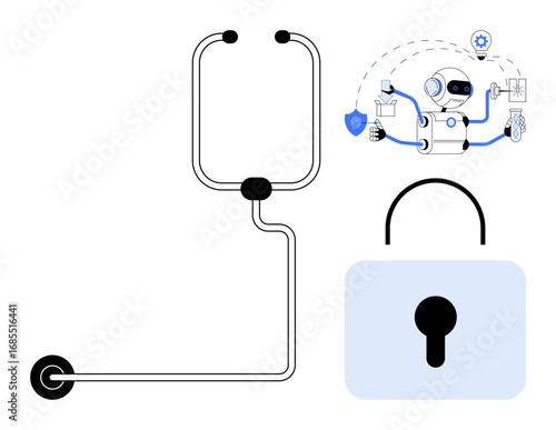 Robot managing tasks with security icons beside a flow circuit and padlock. Ideal for technology, cyber security, automation, innovation, workflow, robotics, data protection as a simple flat metaphor