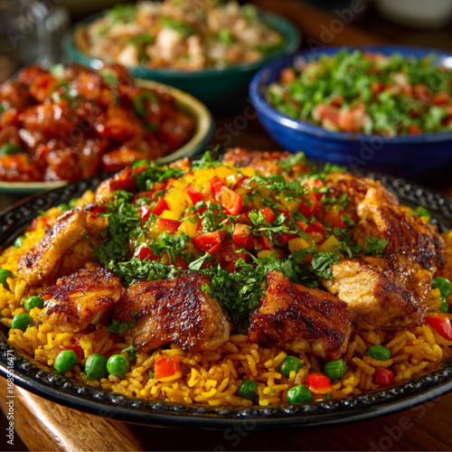 Family-Style Platter of Peruvian Arroz con Pollo with Cilantro Rice, Chicken, Peppers, and Peas, Vibrant Macro Food Photography