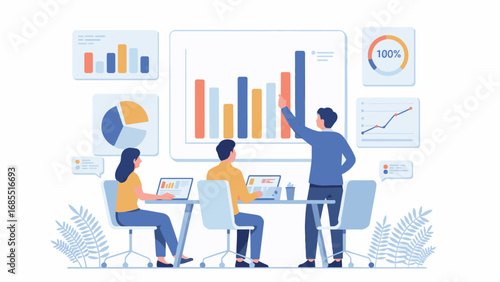 Team analyzing data presentation business meeting with charts and graphs for financial growth strategies transparent background