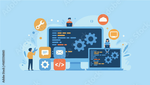 Modern software development process with coders and digital interfaces programming and technology concepts transparent background