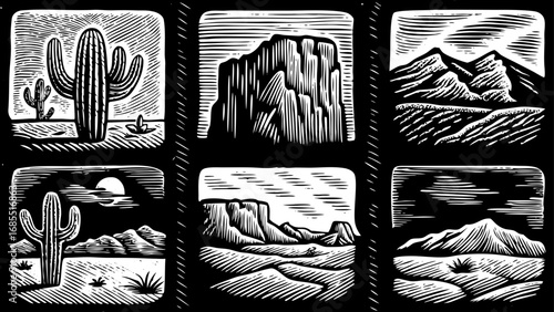 rustic desert life concept illustrated with a hand drawn doodle icon set, featuring cactuses, mountains, rocks, and sand elements, perfect for landscape design projects, nature artwork